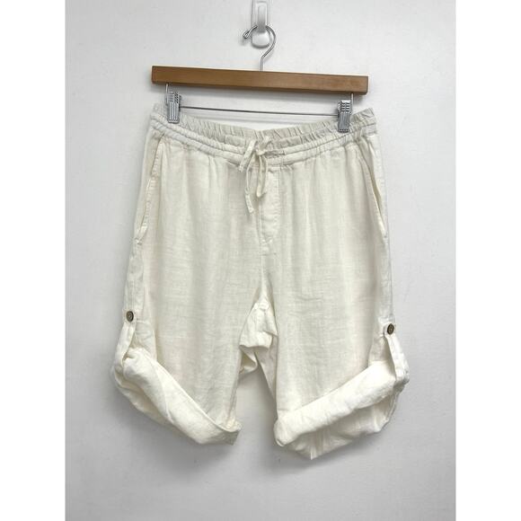 Magic Linen Pants - Magic Linen Roll Tab Cuffed 9” Bermuda Drawstring Coastal Relaxed Shorts - Large